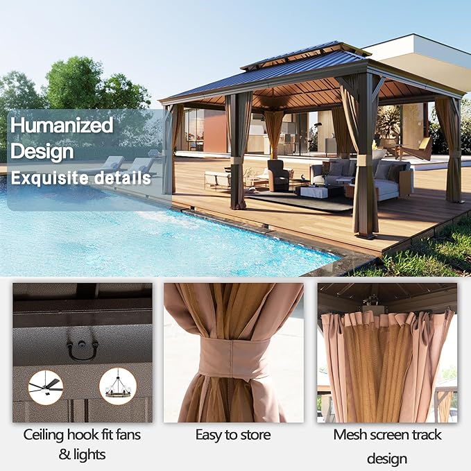 12' x 18' Outdoor Hardtop Gazebo Aluminum Frame with Double Metal Roof, Canopy Netting, Curtain, Patio Permanent Galvanized Steel Gazebo for Backyard, Garden, Party, Deck, Lawn