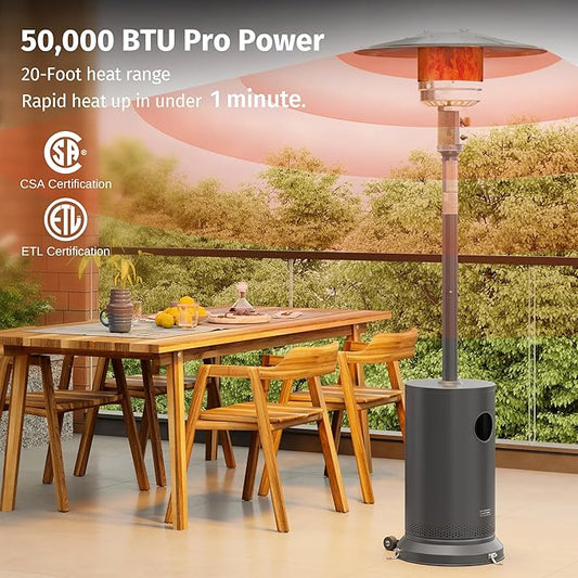 EAST OAK 50,000 BTU Patio Heater for Outdoor Use With Round Table Design, Double-Layer Stainless Steel Burner and Wheels, Outdoor Patio Heater for Home and Commercial, Gray, 31.9 x 31.9 x 86.6 inches