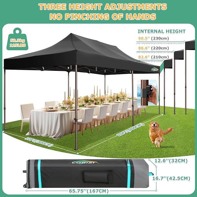 COBIZI 10x20 Pop Up Heavy Duty Canopy with 6 Sidewalls and Hexagonal Legs, Easy up Tent for Parties, Commercial and Wedding, Outdoor Canopy with Roller Bag, Sand Bags, Waterproof & UPF50+ (Black)