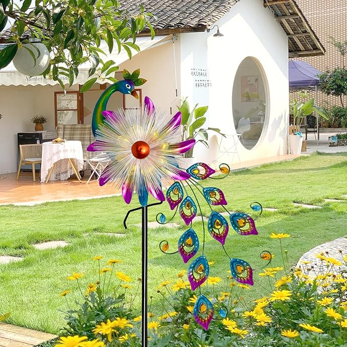 Solar 51" Peacock Wind Spinners for Yard and Garden, Metal Clearance Windmill Kinetic Wind Spinner Outdoor Decor, Wind Sculpture Yard Art Decorations for Patio, Lawn & Garden