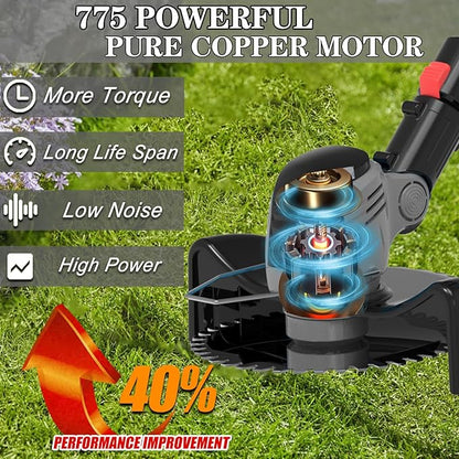 Electric Weed Wacker Cordless Eater Battery Powered Eater Lightweight Edger Portable Stringless Grass Trimmer/Lawn Mower/Brush Cutter, with 3 Types Blades & Wheels for Yard and Garden-Grey