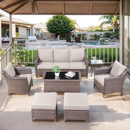 Patio Furniture Set-7 Pieces Outdoor All-Weather Wicker Conversation Set Outdoor Rattan Sofa Couch with Patio Chairs Ottomans for Porch Garden Backyard Poolside-Brown/Beige