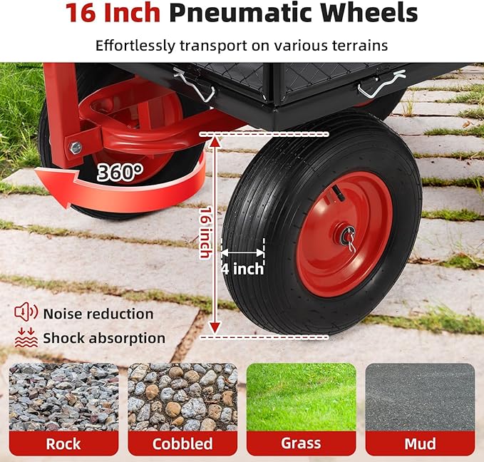 1400 Lbs Heavy Duty Utility Garden Carts and Wagons with 180° Rotating Handle and Removable Sides, Steel Yard Dump Wagon Carts with 16" All Terrain Tires