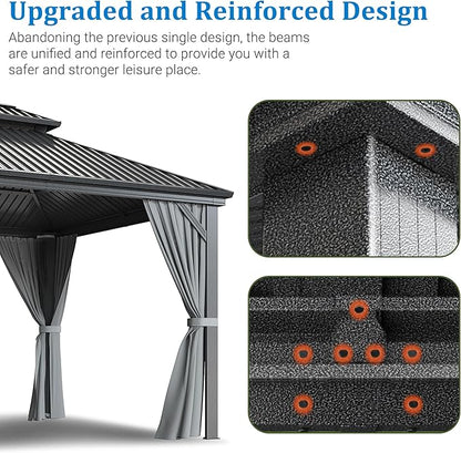 WKM 10x14 FT Hardtop Gazebo with Heavy Duty Galvanized Steel Double Roof, Aluminum Frame Permanent Pavilion with Curtains and Netting, Outside Canopy Gazebo for Patio, Deck and Backyard,Gray