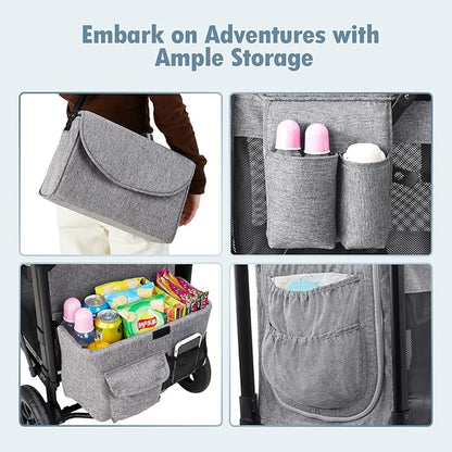 Wagon Stroller for 2 Kids, High Seat & 5 Point Harness, Foldable All-Terrain Wagon for Toddler with Canopy, Parent Organizer, Shoulder Bag, Adjustable Handlebar, Ultimate Double (Gray)