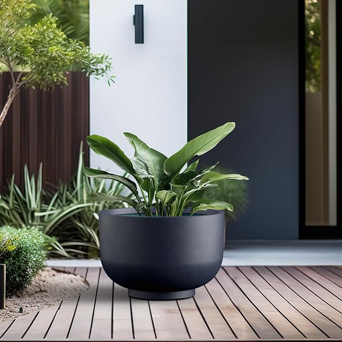 Kante 17.7 Inch Dia Concrete Bowl Planter, Large Tapered Bottom Plant Pot with Drainage, Smooth Charcoal Finish with Warm Brown Interior, Ideal for Porch, Home, Garden, Patio