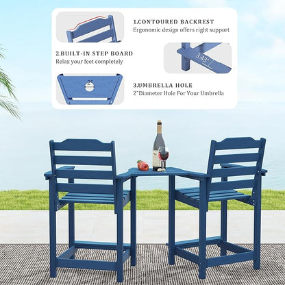 OTSUN Tall Adirondack Chairs Set of 2 with Connecting Tray, 24 inches HDPE Bar Height Outdoor Chairs, All Weather Resistant for Balcony, Porch, Kitchen (2 PC, Navy Blue)
