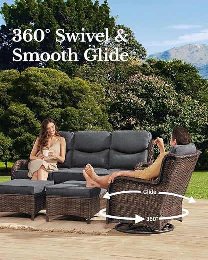 HILLGA Luxury Patio Furniture Set with 6-Inch Thick Cushions, High Back Outdoor Swivel Rocker Chairs and Patio Loveseat, 5-Piece All Weather Conversation Set for Porch Deck Pool Yard, Dark Grey (V3)