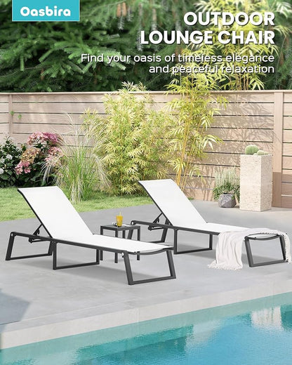 Aluminum Chaise Lounge Outdoor Set of 2, Foldable & Assembly Free Patio Pool Lounge Chairs 5-Position Recliner for Outside Poolside, Fully Grounded Legs Sun Lounger for Beach, Yard, White