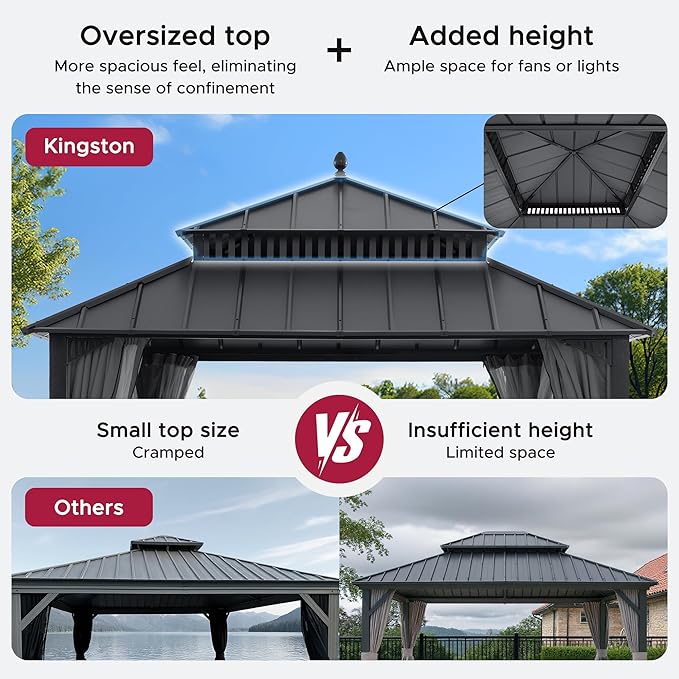 SUNJOY Kingston 12' x 12' Hardtop Gazebo with Galvanized Steel Double Roof, Curtain and Netting, Gray Aluminum Posts Permanent Pavilion Gazebo for Garden, Patio, Deck, Lawn