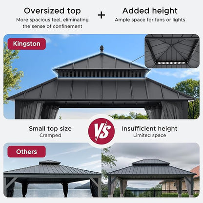 SUNJOY Kingston 12' x 12' Hardtop Gazebo with Galvanized Steel Double Roof, Curtain and Netting, Gray Aluminum Posts Permanent Pavilion Gazebo for Garden, Patio, Deck, Lawn