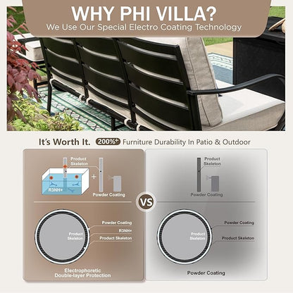 PHI VILLA 7 PCS Patio Furniture Set,Metal Outdoor Furniture with 1x 3 Seater Cushioned Deep Seating Bench Sofa, 2 Swivel Chair, 2 x Leg Chairs & 2 Ottoman,Outdoor Seating for 7 Person