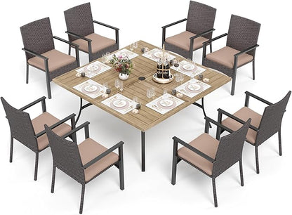 PHI VILLA 9 Pieces Patio Dining Set for 8, 60” Wood-Like Large Square Metal Steel Dining Table & Rattan Wicker Chairs with Cushions, Outdoor Dining Furniture for Deck, Yard, Porch