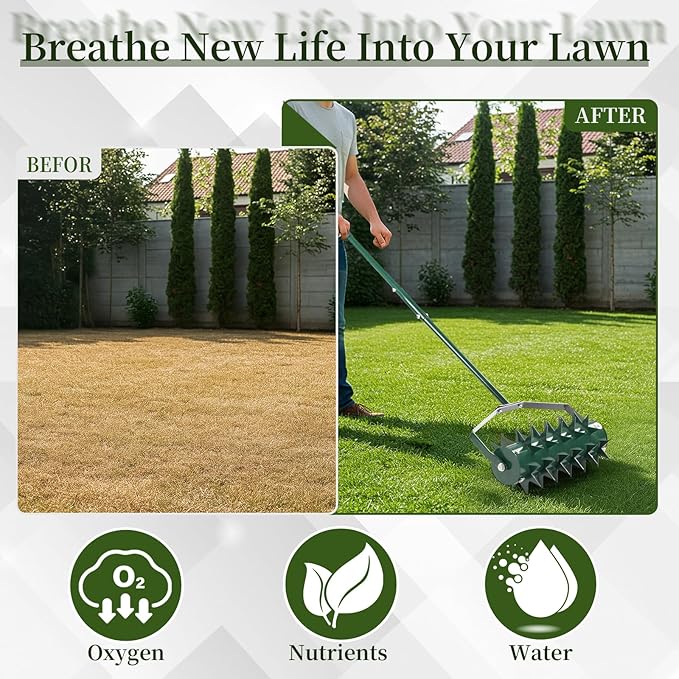 Outvita 60’’ Rolling Lawn Aerator, Heavy Duty Manual Aerator Lawn Tool for Garden Yard Patio with W-Shaped Blades ＆ 49" Handle (Green)
