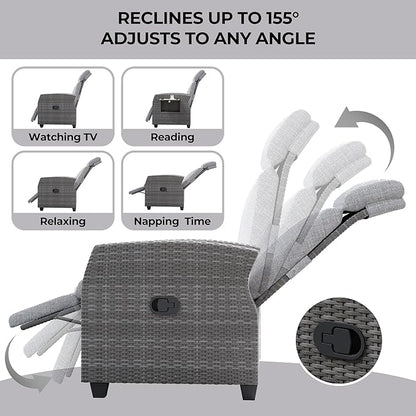 Indoor Outdoor Wicker Recliner Chair with Flip-Up Table Air Pump 155° Lay Flat, Adjustable Wicker Lounge Recliner Chair with Independently Backrest and Footrest