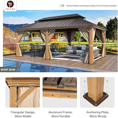 YOLENY 12'x20' Gazebo, Galvanized Steel Double Roof with Wood Grain Aluminum Frame, Outdoor Permanent Metal Pavilion with Curtains and Nettings for Patio, Backyard and Deck