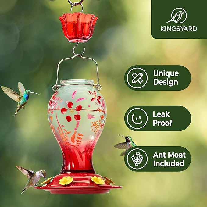 Kingsyard Glass Hummingbird Feeder for Outdoors Hanging - 26 oz Leak Proof Nectar Feeder with 6 Feeding Ports & Ant Moat for Garden Backyard Decor, Red