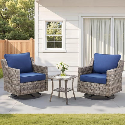 3 Pieces Outdoor Rocking Swivel Chairs with Side Table, Outdoor Furniture Swivel Chair with Comfy Cushions, Conversation Sets for Patio Deck Backyard Poolside