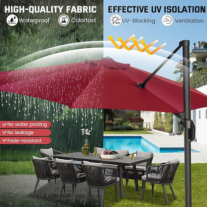 Hotime 10ft Patio Umbrella Outdoor Patio Windproof and Height adjustable, Heavy Duty Aluminum Round Offset Patio Umbrella Cantilever Pool Umbrella with 360°Rotation for Garden Deck Pool, Wine Red