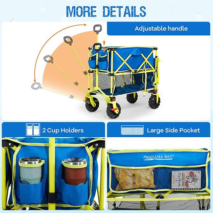 Old Bahama Bay 400L Collapsible Double Decker Beach Wagon with Brakes, Folding Beach Cart with 54" Extra Long Decker, 450LBS Heavy Duty Wagon Chart with All-Terrain Big Wheels for Sand Camping Garden
