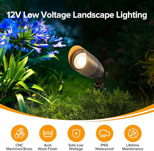 LUTEC Solid Brass Low Voltage Landscape Lighting, 12V Heavy Duty Waterproof Landscape Spotlights Bronze, Wired Uplights Outdoor Fixtureswith ABS Spike, Garden Yard Pathway Tree Without Bulb, 6 Pack