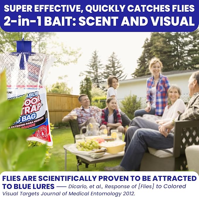 Fly Traps Outdoor Fly Trap for Patio. 2 Large Non-Toxic Pre-Baited Flies Bags Outdoor Disposable. Big Hanging Bug Catchers for All Filth Flies Killer for Outside Bug Control in Yard Horse Ranch