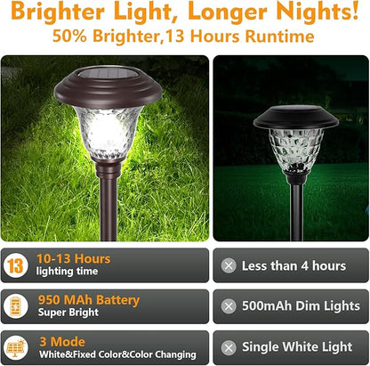 BEAU JARDIN 8 Pack Solar Pathway Lights Stainless Steel Outdoor Solar Powered Waterproof Glass High Lumen for Garden Landscape Path Yard Walkway Patio Driveway Outside White Color Changing Bronze