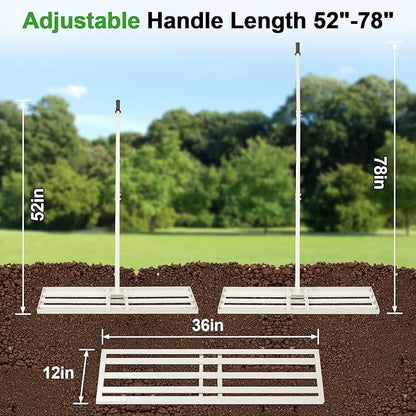 36"x12" Lawn Leveling Rake Heavy-Duty Galvanized Steel Lawn Leveler with an Adjustable 78'' Extra Long Handle Lawn Leveling Tool for Yard,Backyard,Garden,Golf,Farm,Pasture (36"x12")