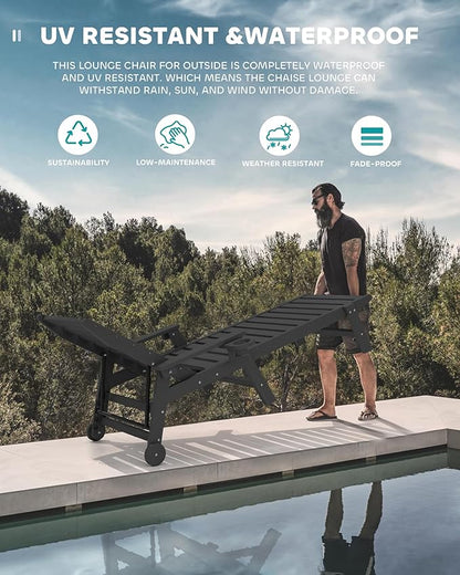 SERWALL Patio Chaise Lounge Chair Set of 4, 5 Positions Adjustable Poly Outdoor Lounge Chair for Pool, HDPE Lounge Chair with Rolling Wheels & Cup Holder for Poolside, Deck, Obsidian Black