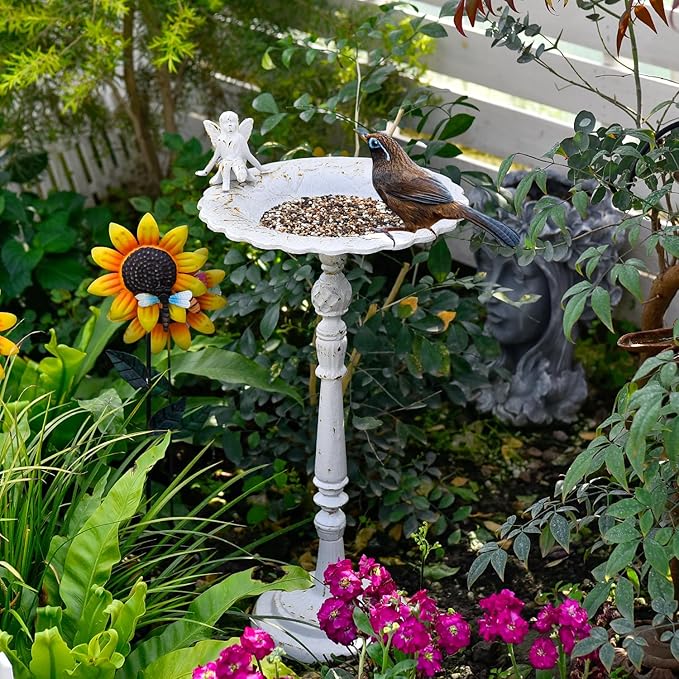 Sungmor Cast Iron Ornate Bird Bath for Garden, 21" Tall Vintage White Birdbath with Angel Statue Decor, Outdoor Standing Water Bowl, Decorative Pedestal Bird Feeder for Patio Deck Backyard