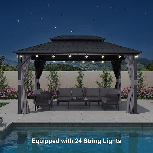 PURPLE LEAF 10'x14' Hardtop Gazebo with Lights Wind-Resistant Galvanized Steel Dual-Layer Double Roof Outdoor Patio Pavilion Including Netting and Privacy Curtains for Lawn Garden Backyard Grey