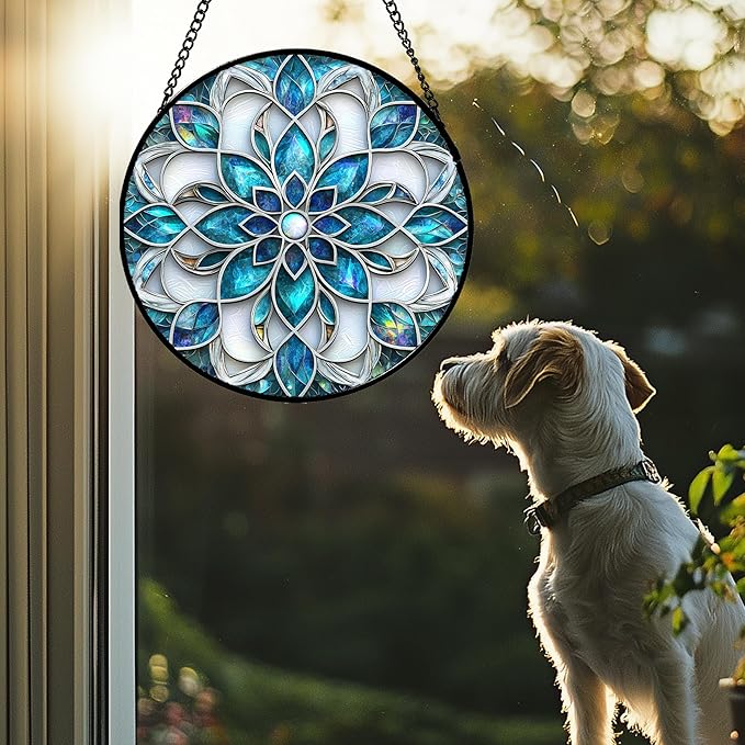 Stained Glass Window Hanging - Blue White Abstract Flowers Suncatcher for Door Terrace Garden Home Decor Boho Sun Catcher Birthday Gifts for Lovers Women Men Dad Mom Nana 9.8 in