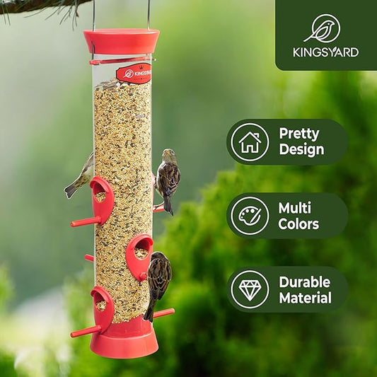 Kingsyard 2 Pack Tube Bird Feeder for Outdoors Hanging, Removable Base and Perch, 6 Feeding Ports - Easy to Clean, Premium Hard Plastic, Attracting for Finches Cardinals (Red)