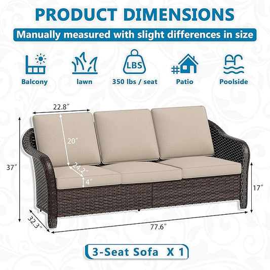Vista Vibe 78" Patio Wicker 3-seat Sofa, Deep Seat Loveseat, Outdoor All-Weather Rattan Couch with Removable Cushions, Steel Frame Couch for Garden, Poolside (Beige)