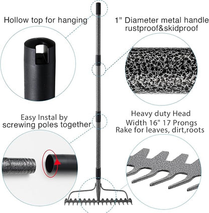 Thatch Rakes for Lawns, Heavy Duty Metal Garden Rake with 17 Prongs, Adjustable Yard Rock Rake for Gardening Loosening Soil, Long Handle 60 Inches