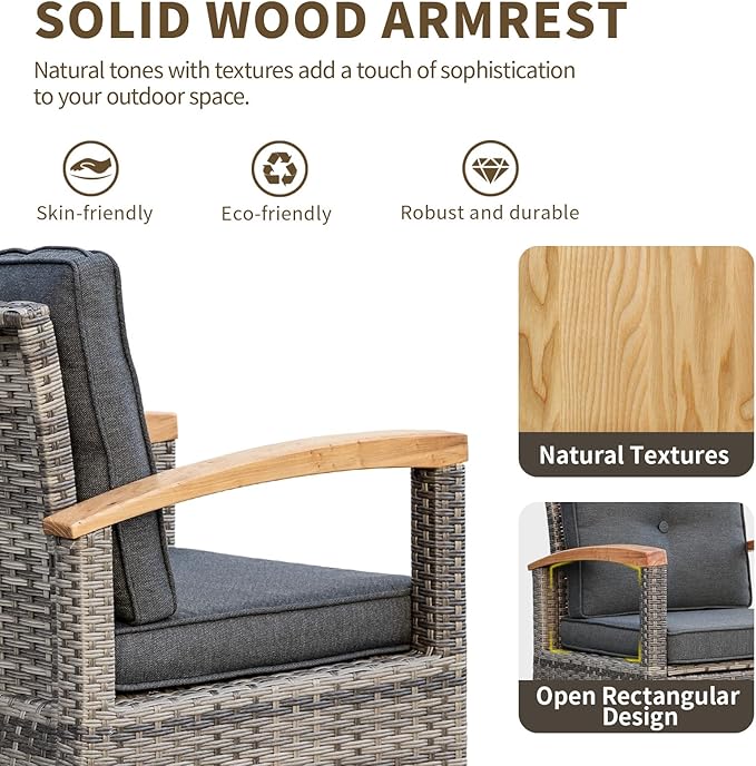 MEISSALIVVE 6 Piece Outdoor Patio Furniture Set, Half-Moon Curved Sectional Set with Wood Armrests, Patio Conversation Set, Tempered Glass Coffee & Side Tables (Grey)