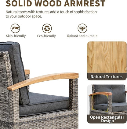 MEISSALIVVE 9 Piece Outdoor Patio Furniture Set, Half-Moon Curved Sectional Sofa Rattan Conversation Set with 2 Wood Armrests Swivel Rocker Chairs, Round Coffee Table & Side Table（Grey）