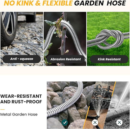 Lefree Garden Hose 100ft, Metal Garden Hose, Flexible Water Hose with 10-Function Nozzle, Stainless Steel Heavy Duty Hose, Crush Resistant, Leak Proof, No Kinks Garden Hoses for Yard, Outdoors, Rv