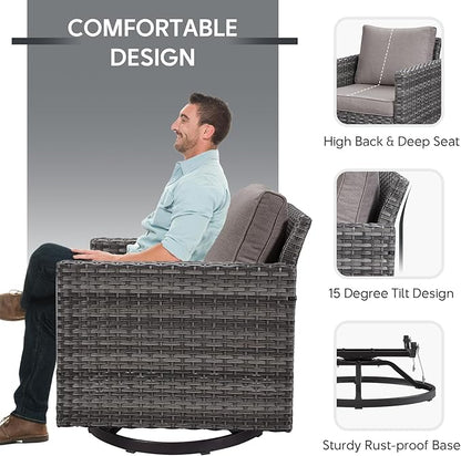 7 Piece Wicker Patio Furniture Set - Outdoor Swivel Rocker Chairs Set with Coffee Table, Side Table, 3 Seat Sofa & Ottomans, Small Patio Conversation Sets for Balcony Deck - Grey/Grey