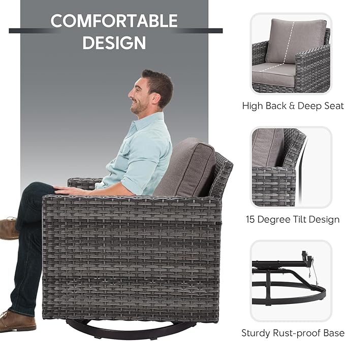 5 Piece Wicker Patio Furniture Set - Outdoor Swivel Rocker Chairs Set with 3 Seat Sofa and Ottomans, Small Patio Conversation Sets Proch Furniture for Balcony Deck - Grey/Grey