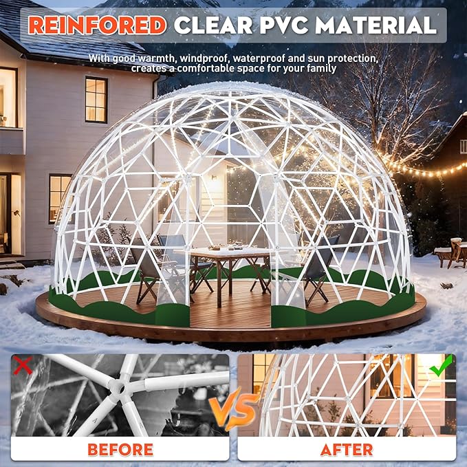 12FT Garden Dome Tent, Geodesic Dome Greenhouse with PVC Clear Cover, Waterproof Garden Bubble Dome Tent House with 2 x 10M Light Strings for Outdoor, Patio, Backyard, Party (Green Edge, 15FT/4.6M)