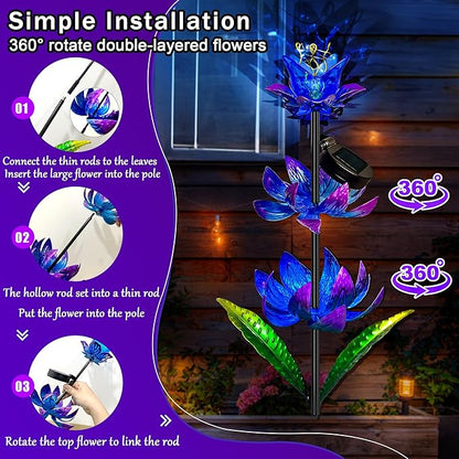 Solar Wind Spinner Outdoor, 63 Inch Metal Wind Spinner Yard Art with LED Lights, Three-Layer Flower Design Pinwheels for Yard and Garden Decor, Solar Garden Decor