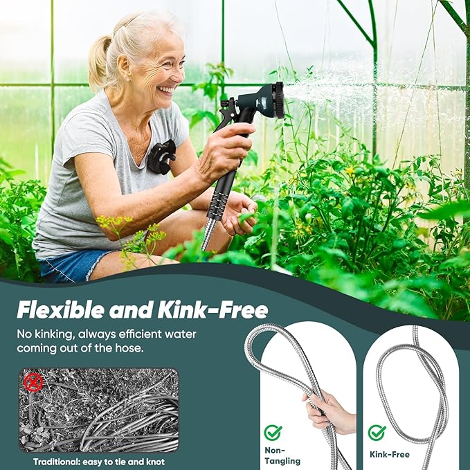 Garden Hose 125 FT with 10-Function Nozzle, Leak-proof Metal Connector Water Hose, No Knots, Kink-Free, Lighter, Anti-Pets, Wear-Resistant, 3/4 GHT, Metal Hose for Garden, Yard, Outdoor