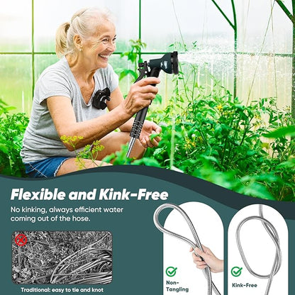 Garden Hose 100 FT with 10-Function Nozzle, Leak-proof Metal Connector Water Hose, No Knots, Kink-Free, Lighter, Anti-Pets, Wear-Resistant, 3/4 GHT, Metal Hose for Garden, Yard, Outdoor