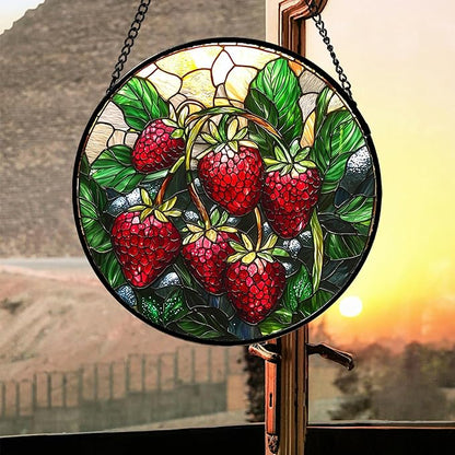 Stained Glass Suncatcher, Red Strawberry Green Leaf Sun Catcher Silver Background Stain Glass Window Hanging Decoration Mother's Day Birthday Gifts for Women Men Mom Nana 6.3 in