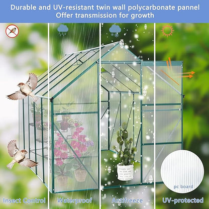 Favfurish 6X10 FT All Season Heavy Duty Walk-in Greenhouses, Outdoor Polycarbonate Plants Green House for Backyard Garden, Sliding Door Raised Base Anchor Aluminum, Green