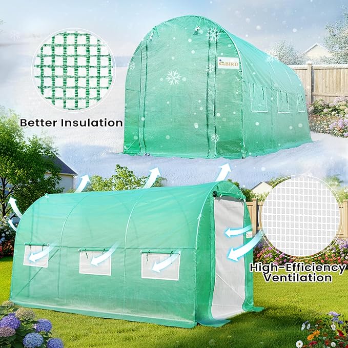 KING BIRD Premium 10x6.6x6.6FT Greenhouse for Outdoors, Large Walk-in Heavy Duty Galvanized Steel Frame, Mesh Door Screen Window Upgraded Zipper Tunnel Hoop for Garden Plant Winter, Green