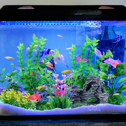 Fish Tank Accessories Artificial Plants, 9pcs Green Aquarium Decorations Plants and Cave Rock Decor Set, Aquarium Decor Plastic Plants