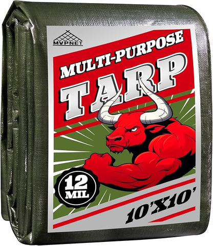 Green/Silver Heavy Duty Waterproof Tarp 10x10FT, 12mil Thick，Multifunctional tarp Whit Tear&Fade Resistant,UV Resistant,with Grommets and Reinforced Edges.