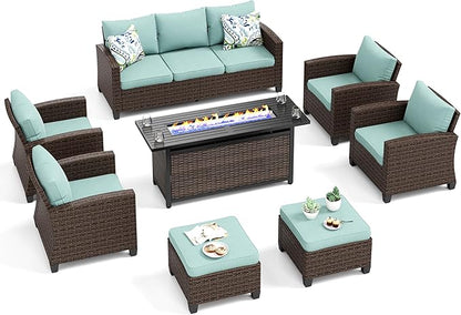 Patio Furniture Set, 8 Pcs Wicker Rattan Outdoor Conversation Set, 4 x Leg Chairs, 1 x 3 Seater Sofa and 2 x Ottoman with 4" Thick Cushion and 56" Fire Pit Table, Blue